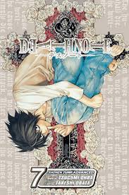 Death Note manga art with Light Yagami holding the Death Note.